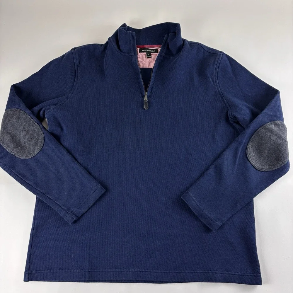 Banana Republic Sweater Mens Large Blue Elbow Pads Pullover 1/4th Zip Casual